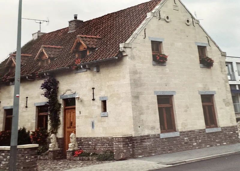 Het huis vanaf de straat: blanke mergel, dakkapellen en bloembakken voor de ramen